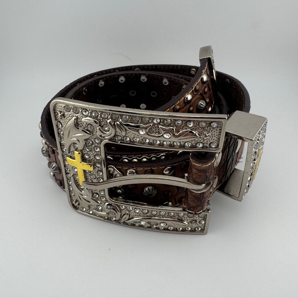 Ariat Brown Faux Croc Rhinestone Studded‎ Cross Western Belt XL A1522202